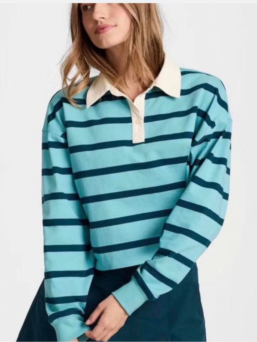 Champion Aqua and Navy Striped Rugby Shirt with Cream Collar